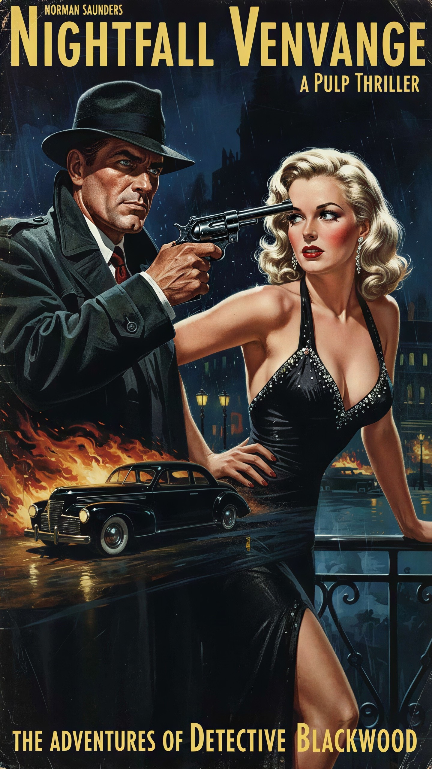 Pulp Fiction Book Cover Featuring Detective and Woman