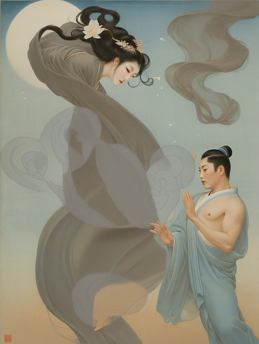Ethereal Scene of Woman in Traditional Attire Reaching Down