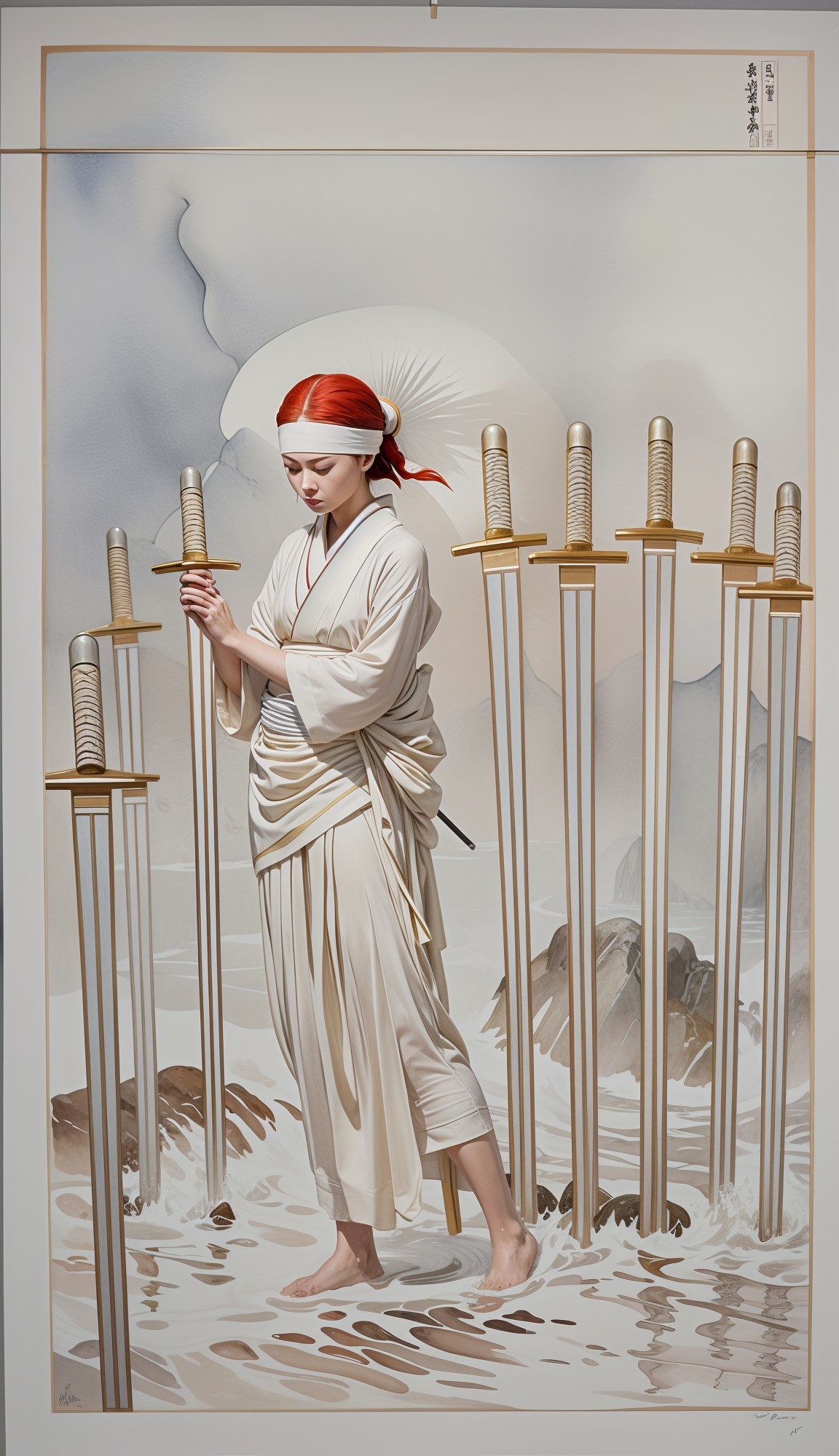 Serene Woman in Kimono Surrounded by Swords and Water