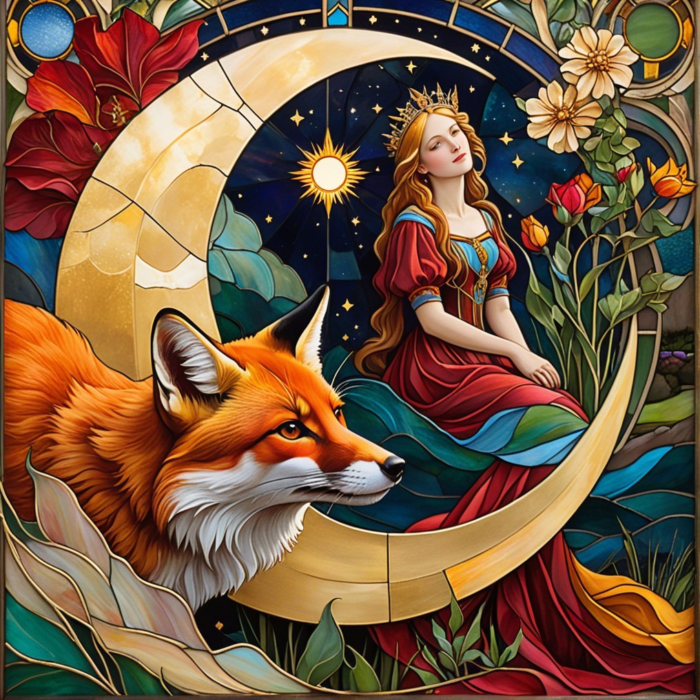 Whimsical Design of Woman on Crescent Moon with Fox