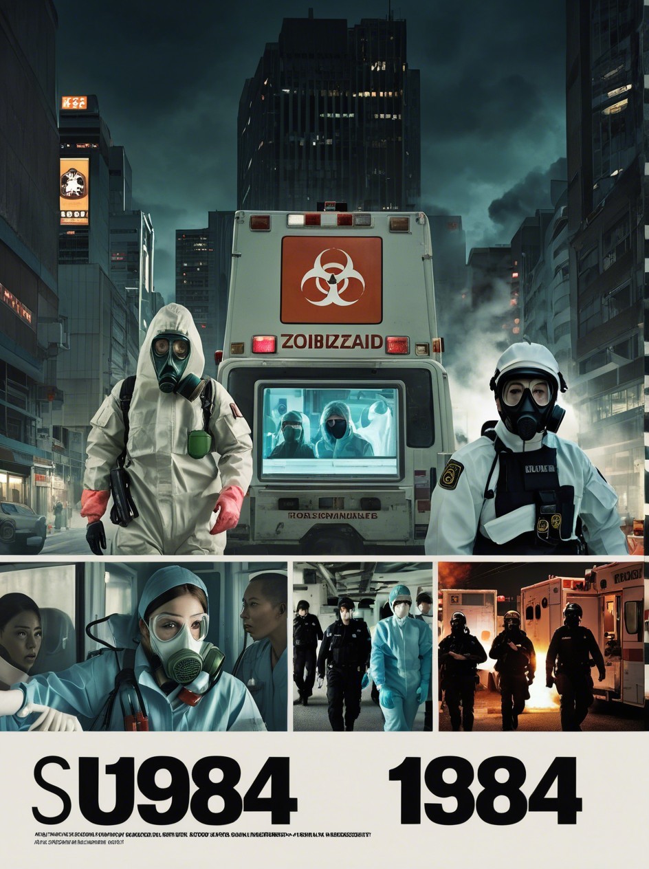 City Street Scene with Biohazard Elements and Ambulance