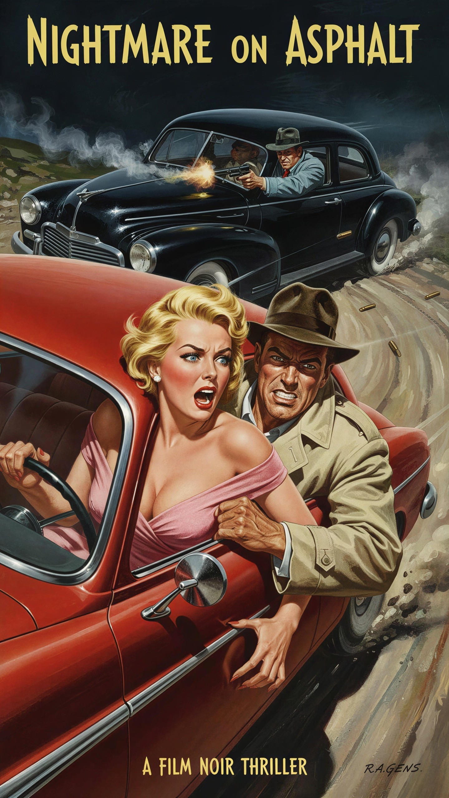 Poster Depicting Car Chase with Distressed Characters