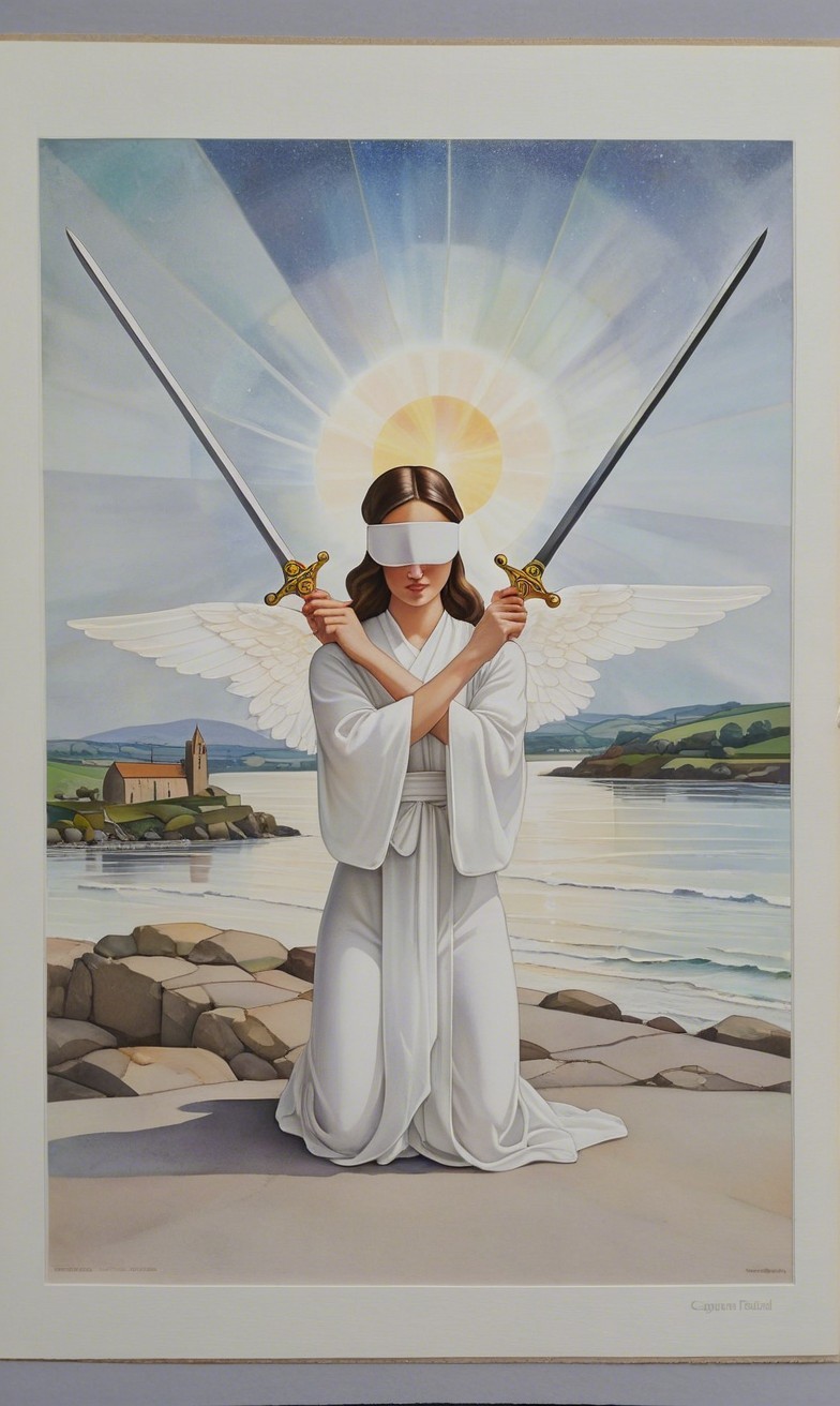 Serene figure with swords on rocky shore at sunset
