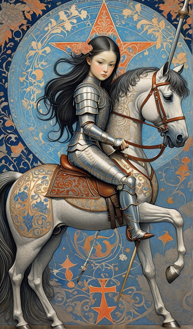 Young knight in ornate armor on a white horse