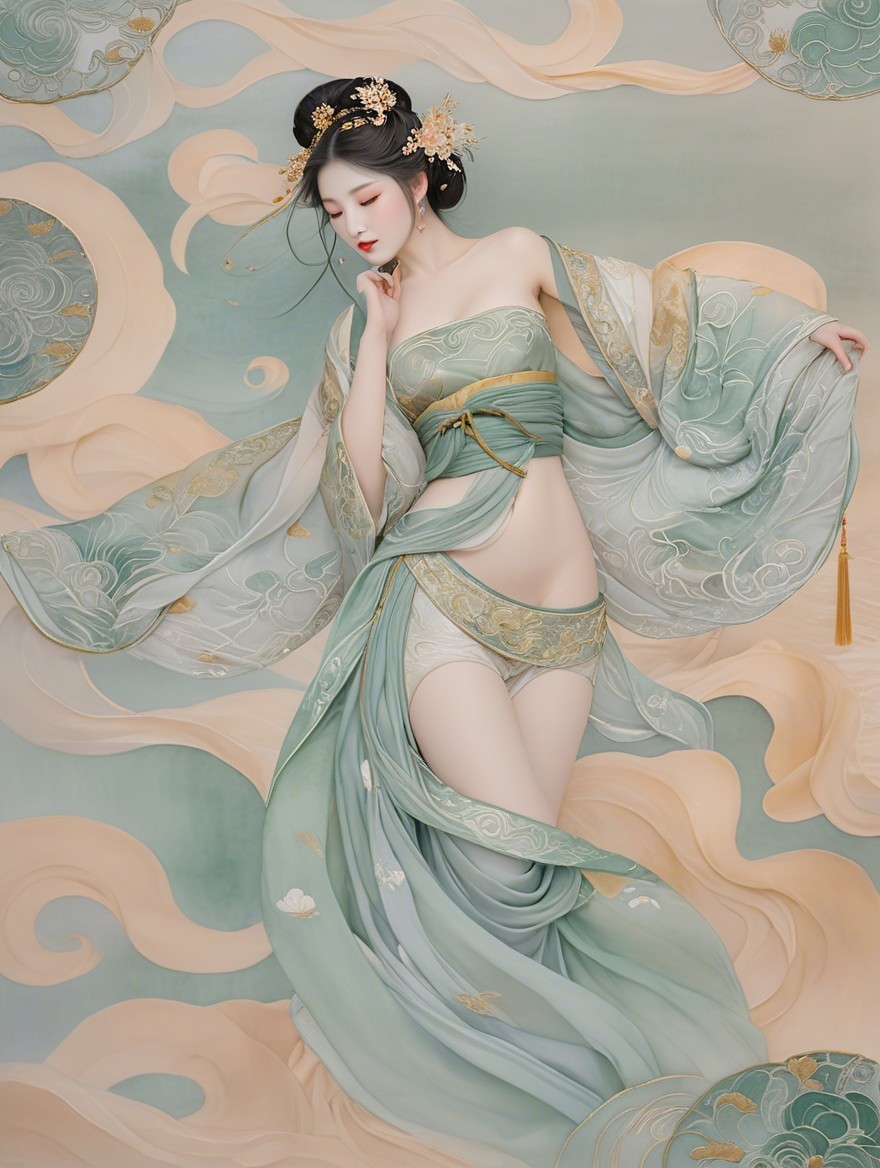 Ethereal Dancer in Translucent Green and Gold Garments