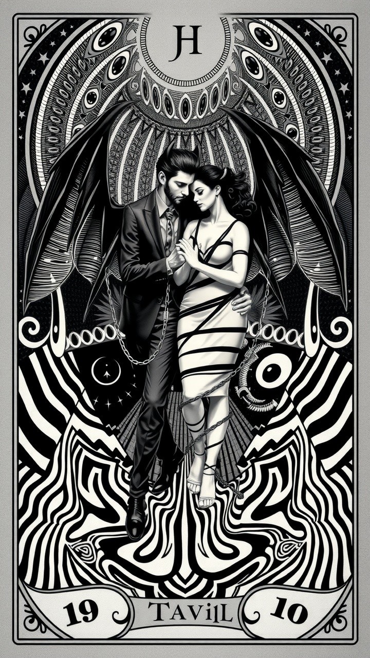 Monochromatic Illustration of Embracing Couple with Wings
