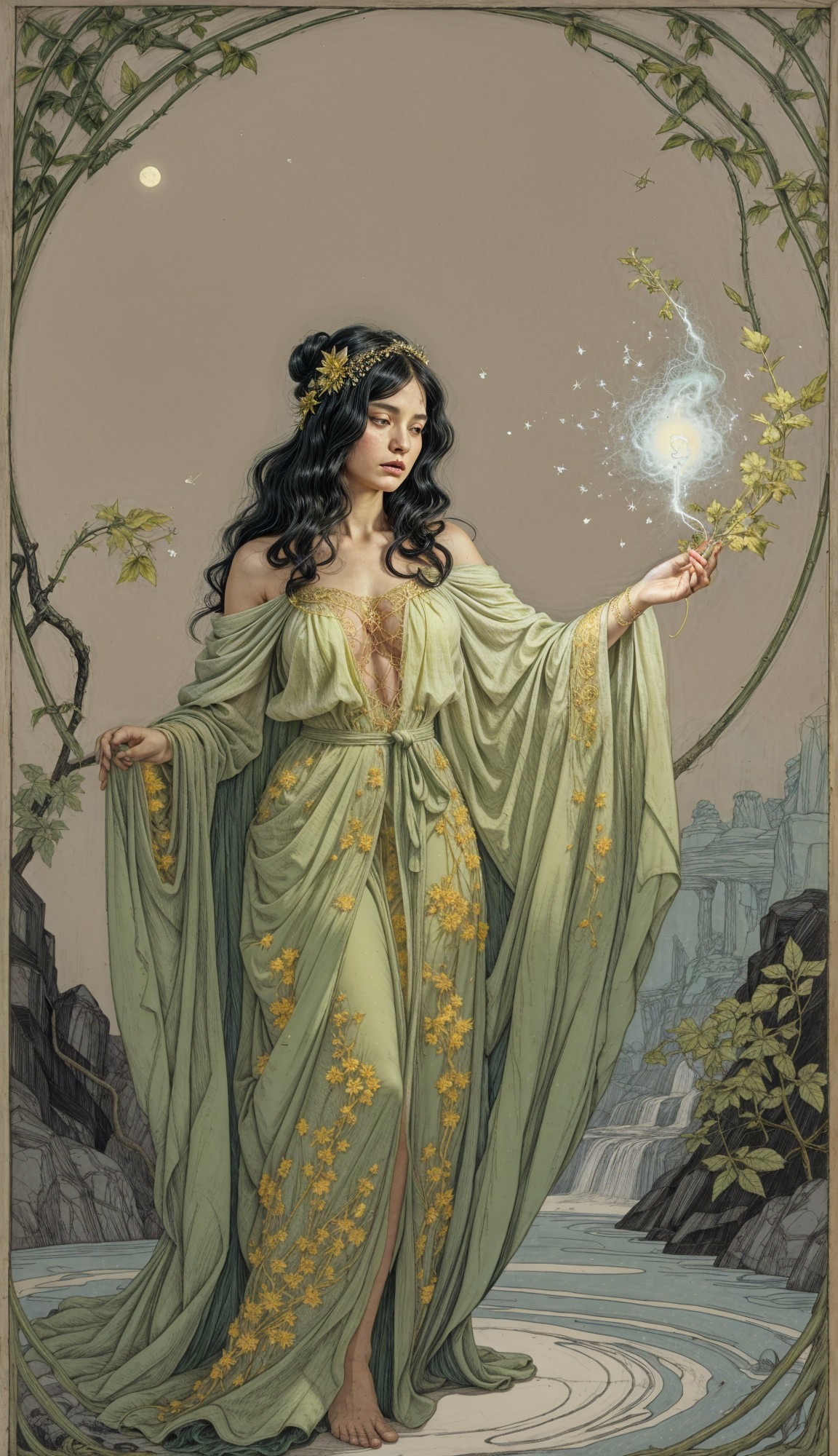 Mystical figure by serene waterway with glowing orb