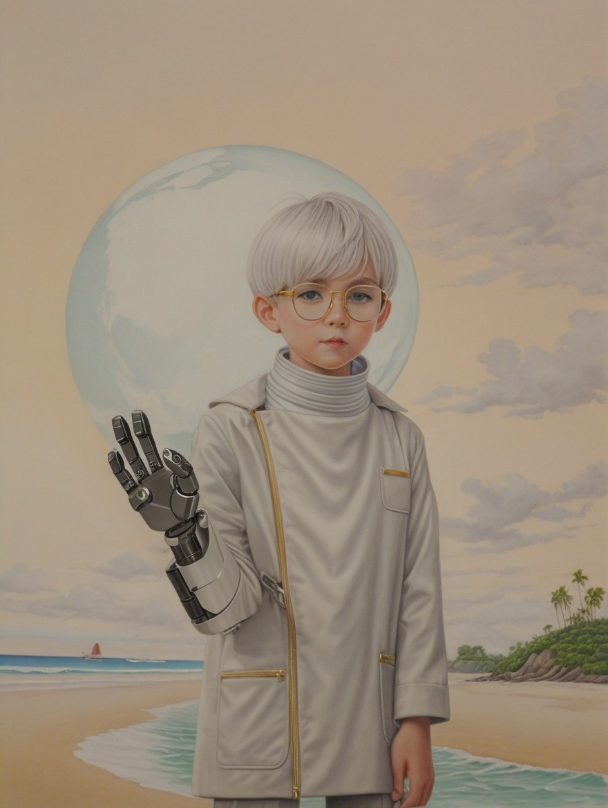 Child with Robotic Prosthetic on Serene Beach Scene