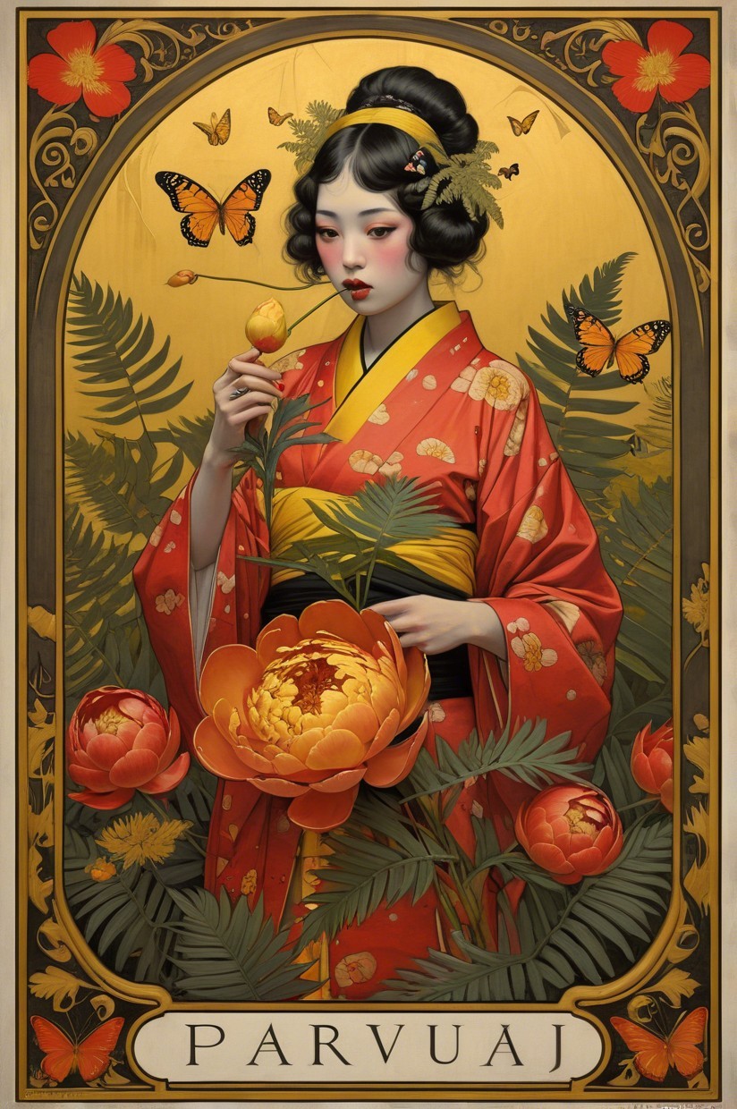 Elegant Woman in Red Kimono Surrounded by Nature