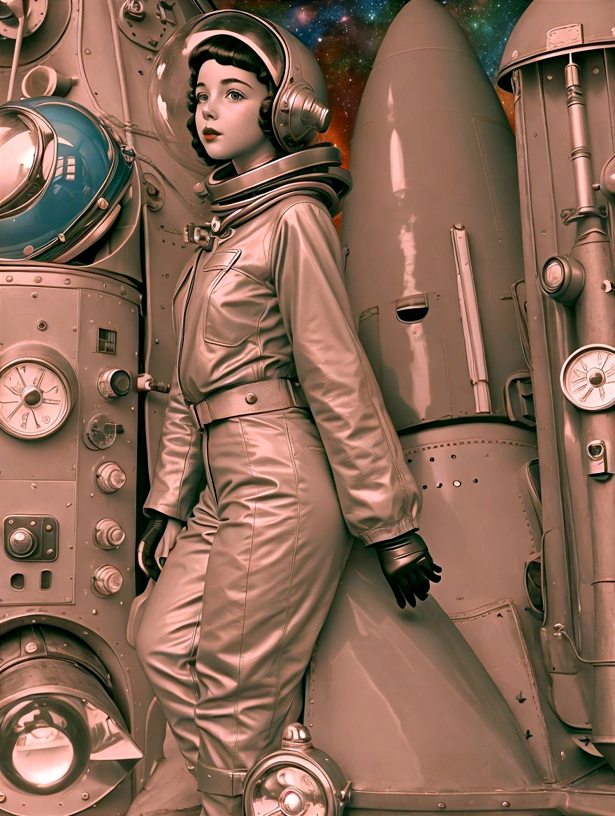 Retro-Futuristic Female Astronaut in Metallic Suit