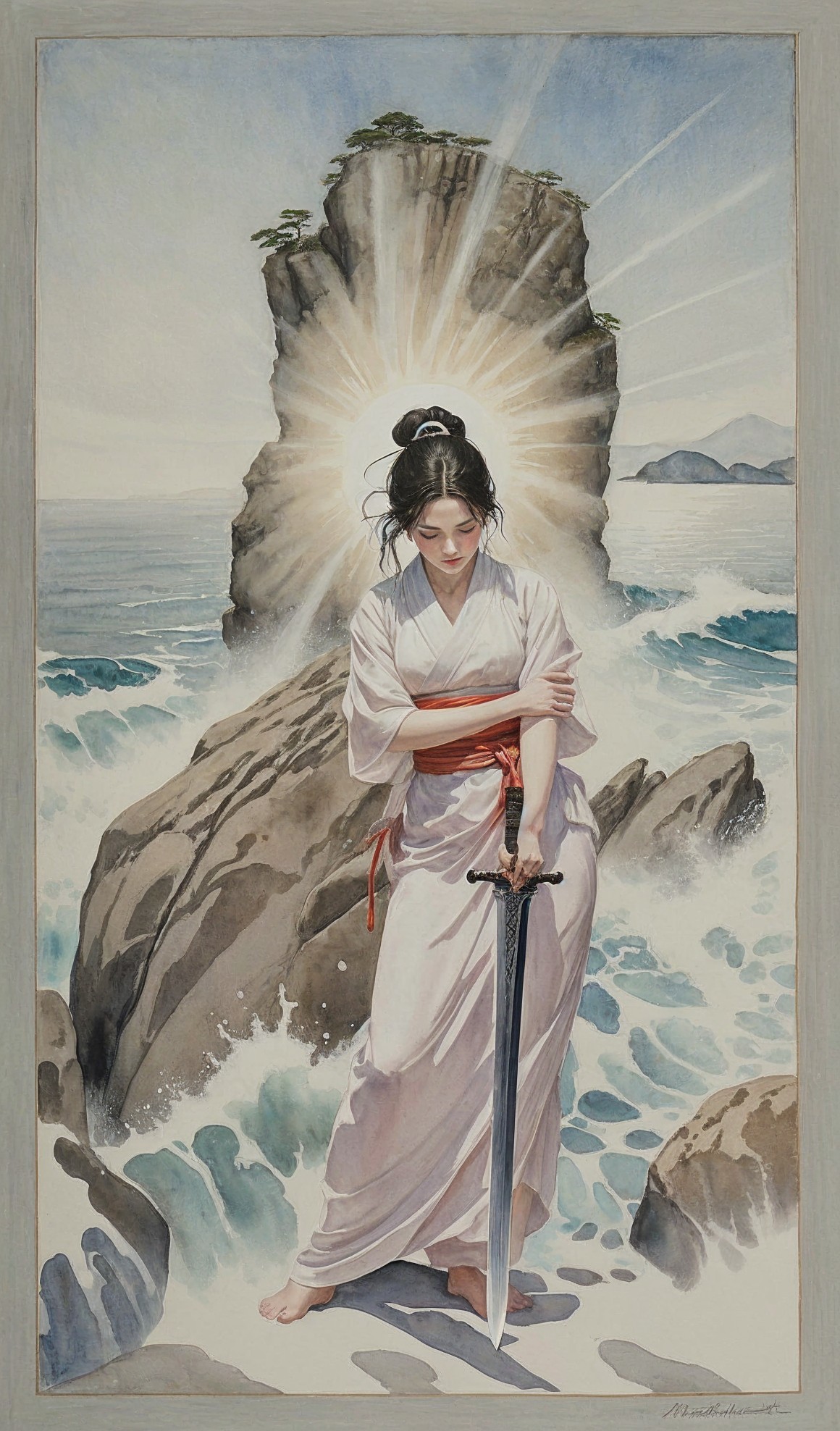 Serene Figure in White Kimono on Rocky Shore