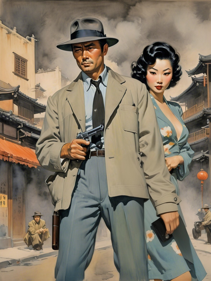 Classic Film Noir Scene with Glamorous Characters