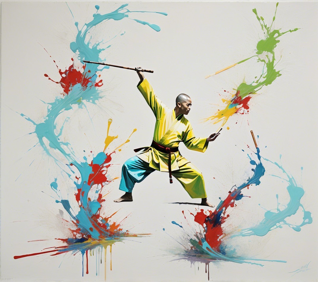 Martial Artist in Yellow and Blue Uniform with Staff