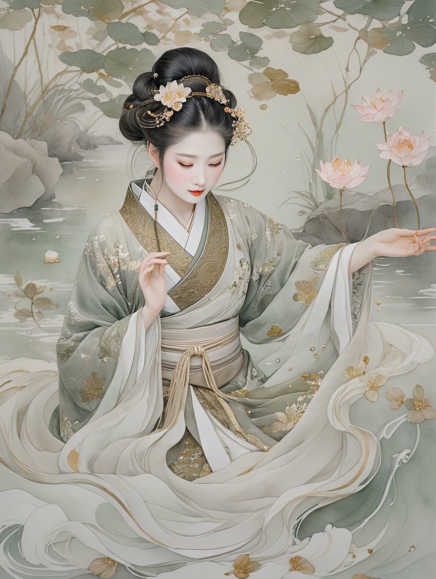 Serene Woman in Kimono Surrounded by Lotus Flowers