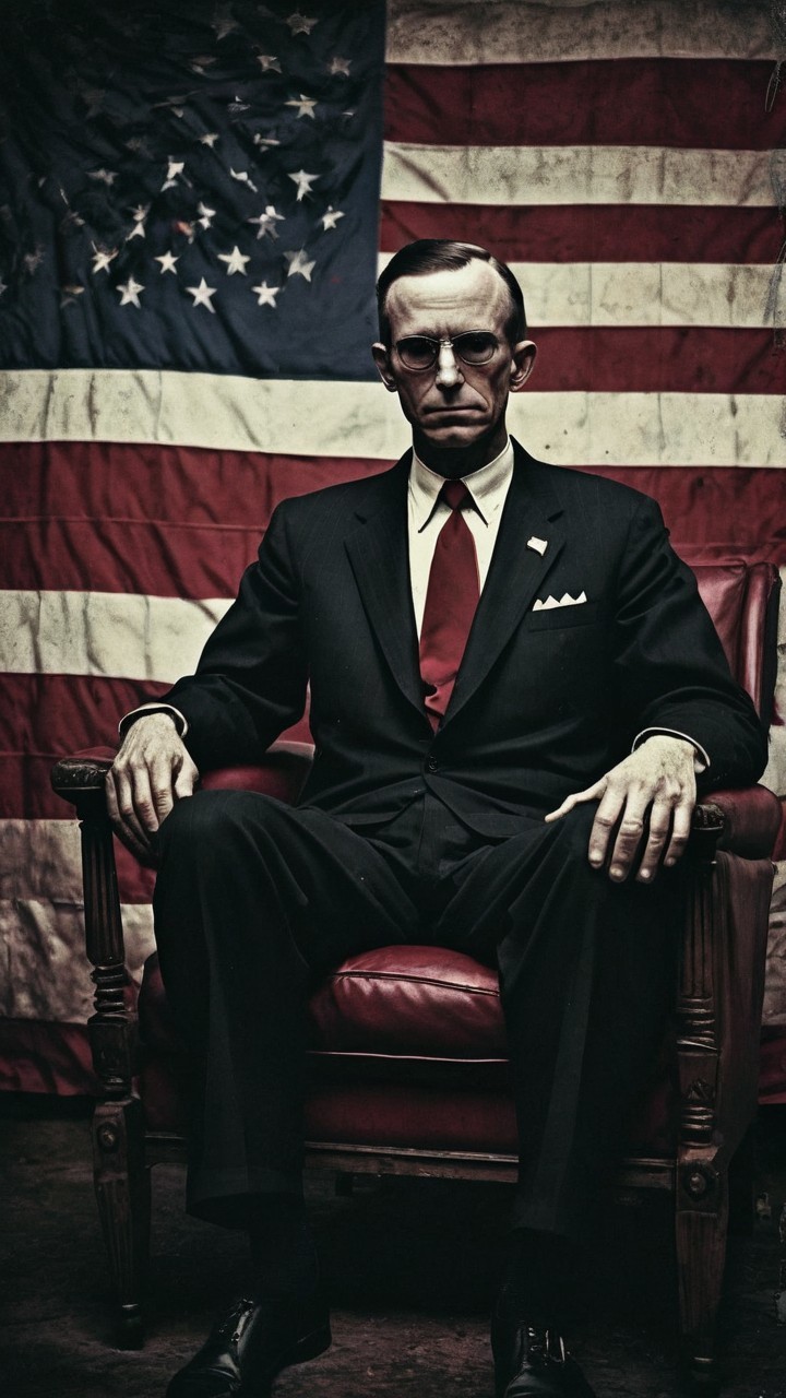 Stern Figure in Red Leather Chair with American Flag