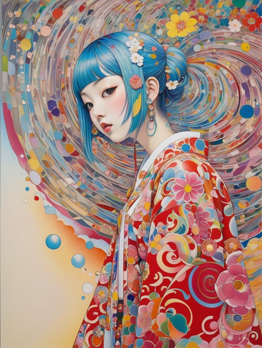 Young Woman in Vibrant Kimono with Colorful Surroundings