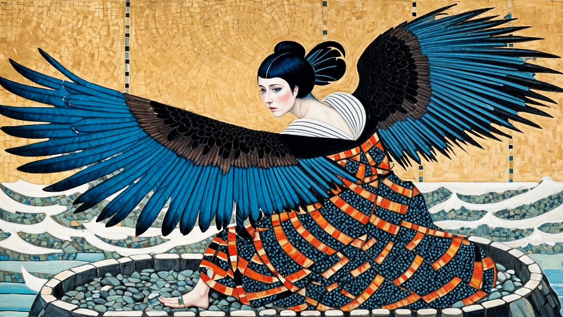 Woman with Blue Wings in Kimono Surrounded by Waves