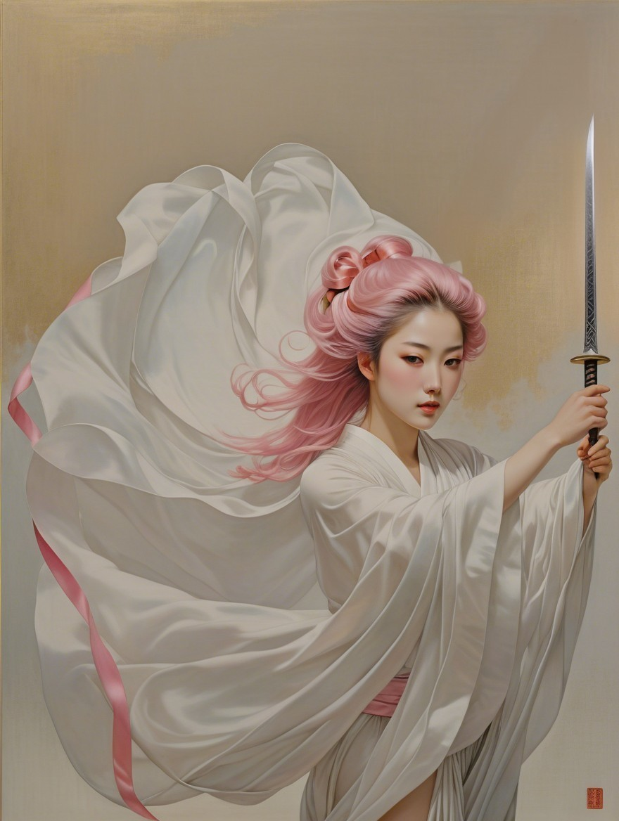 Serene warrior in white robes with a gleaming sword