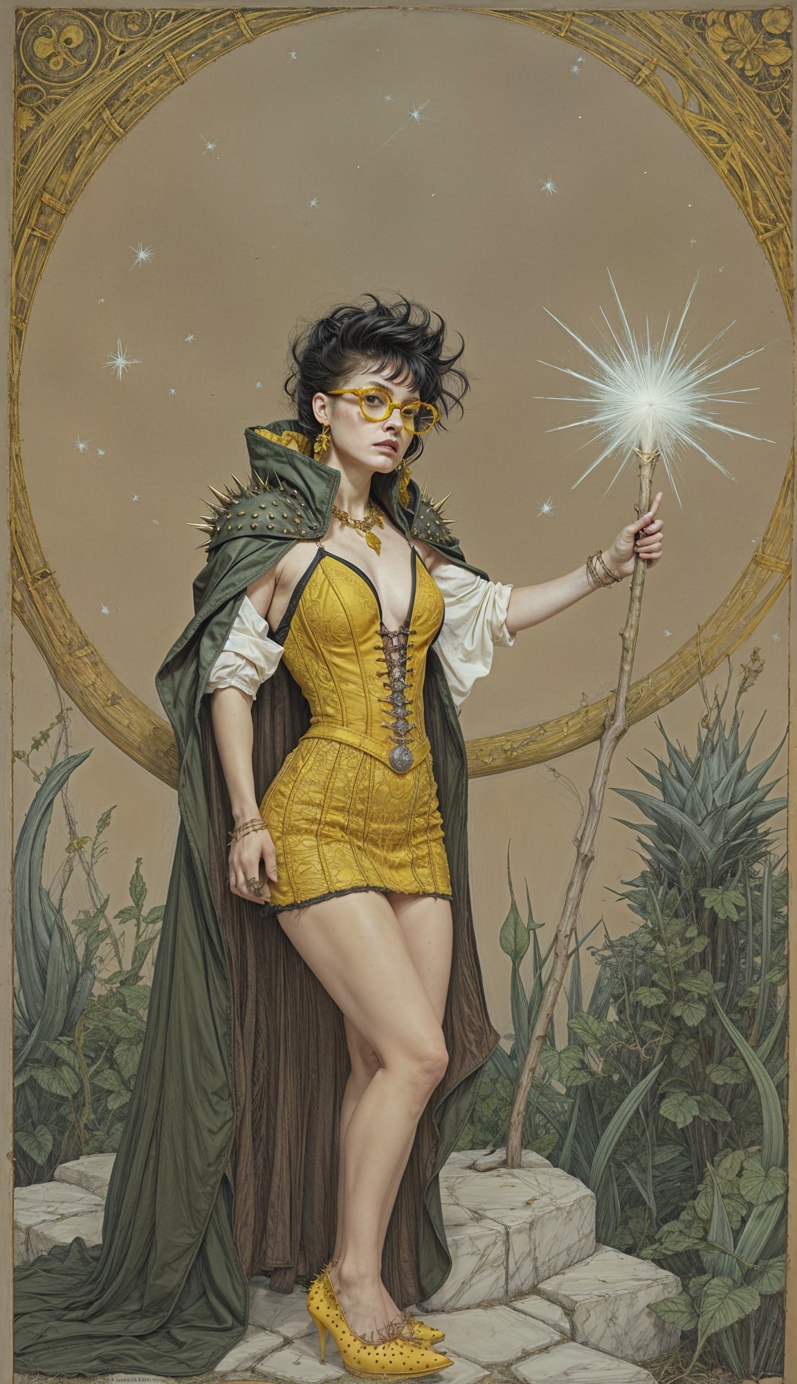 Confident figure in vibrant yellow outfit with wand