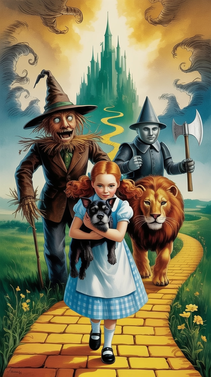 Young Girl with Dog on Golden Brick Road Illustration