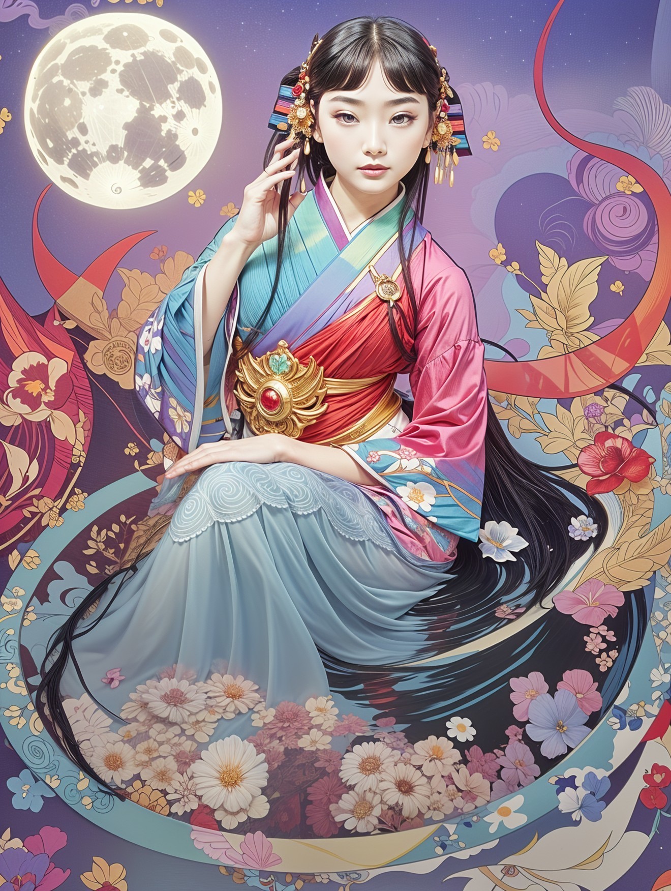 Traditional Outfit Against Dreamy Colorful Backdrop