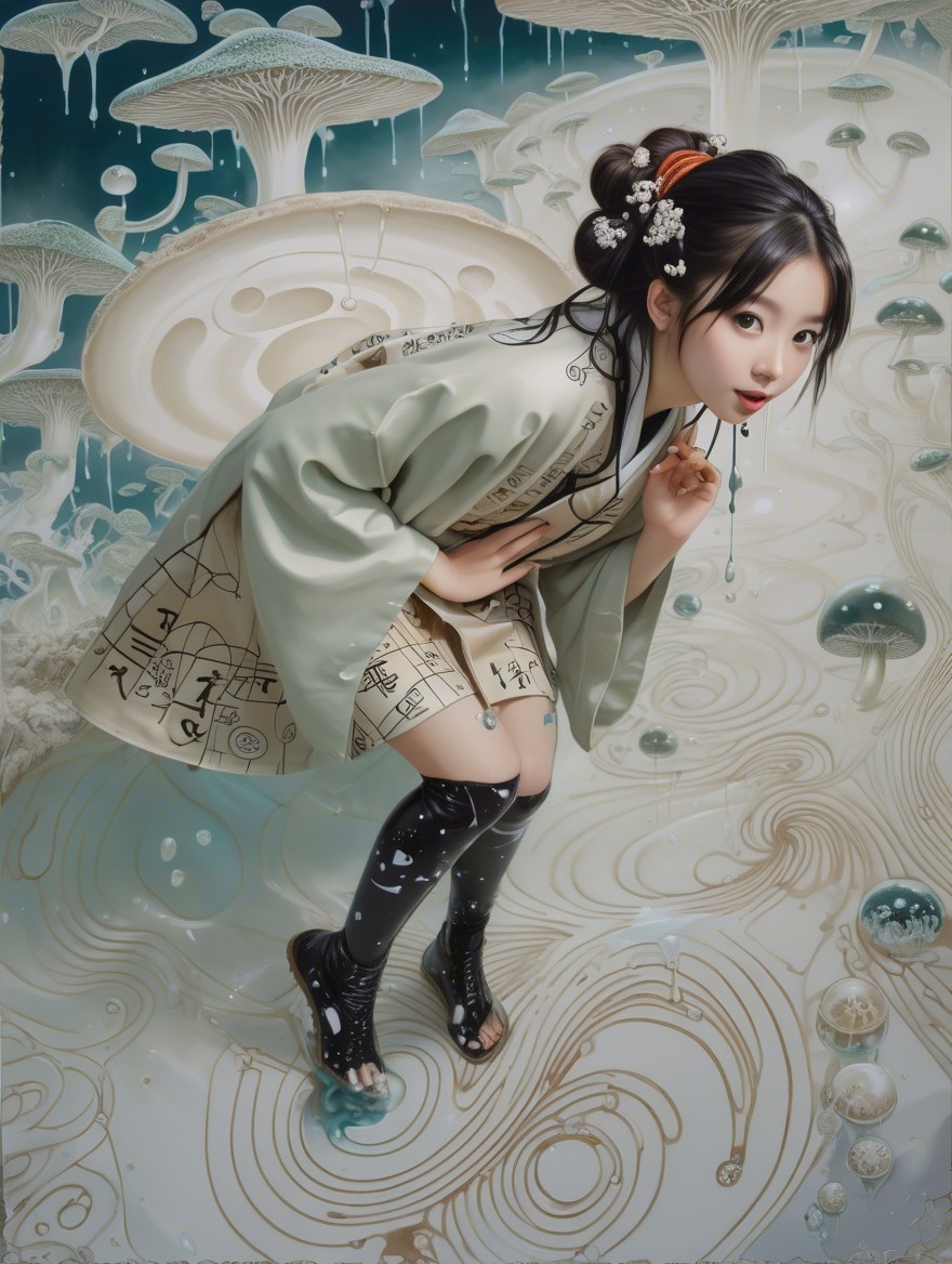 Young Woman in Green Kimono Among Ethereal Mushrooms