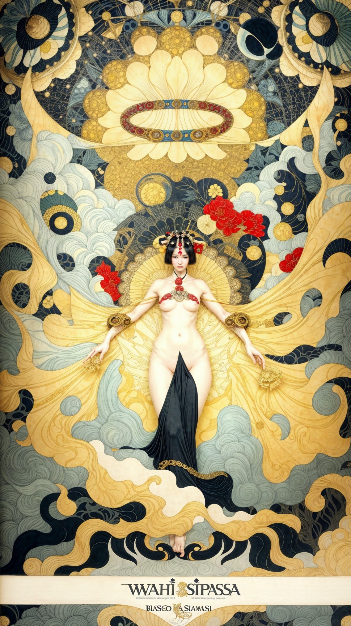 Ethereal Figure with Patterns and Floral Motifs