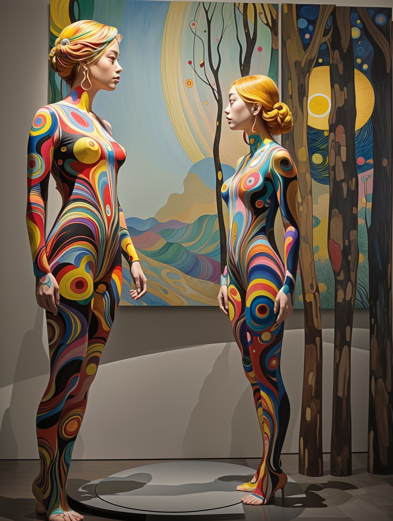 Female Figures with Vibrant Body Paint in Art Display