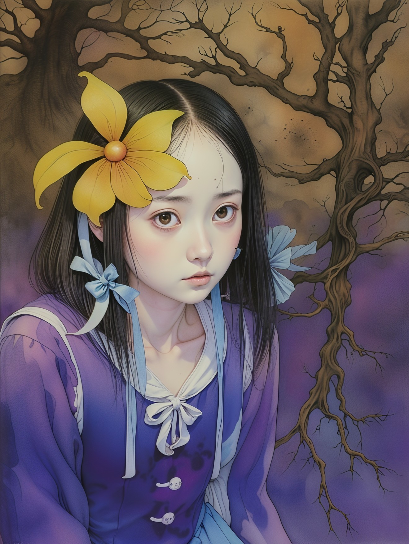 Young Girl in Purple Dress with Surreal Landscape