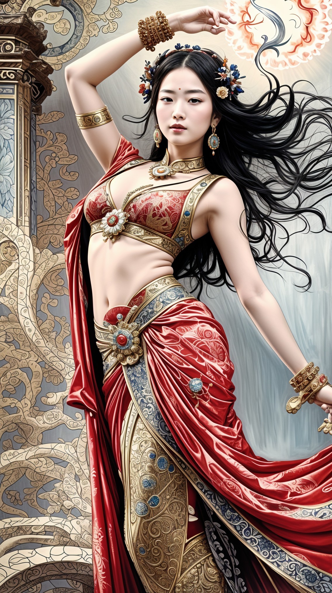 Elegant Dance in Vibrant Red and Gold Attire