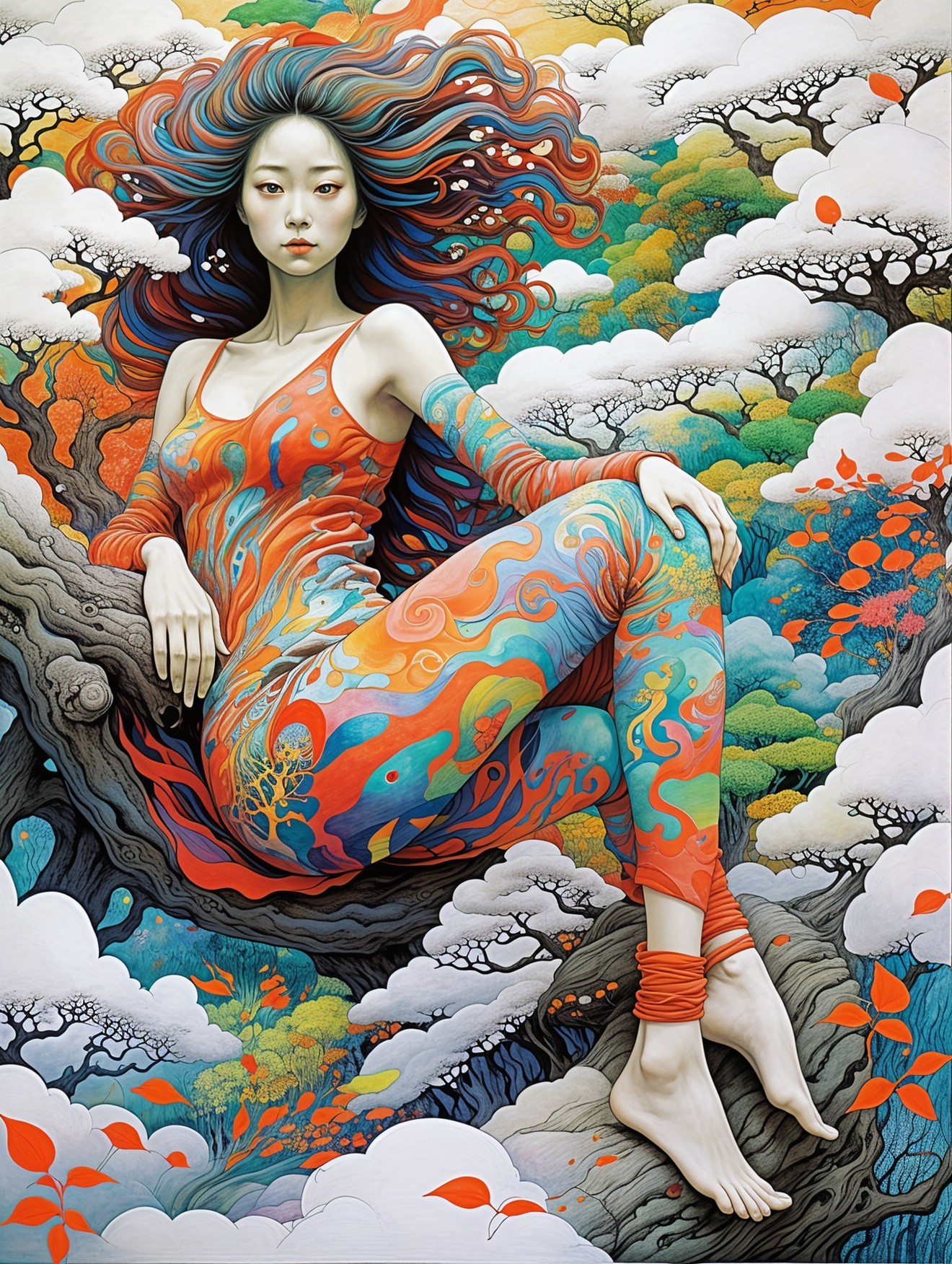 Vibrant Artwork of Woman with Colorful Hair and Nature