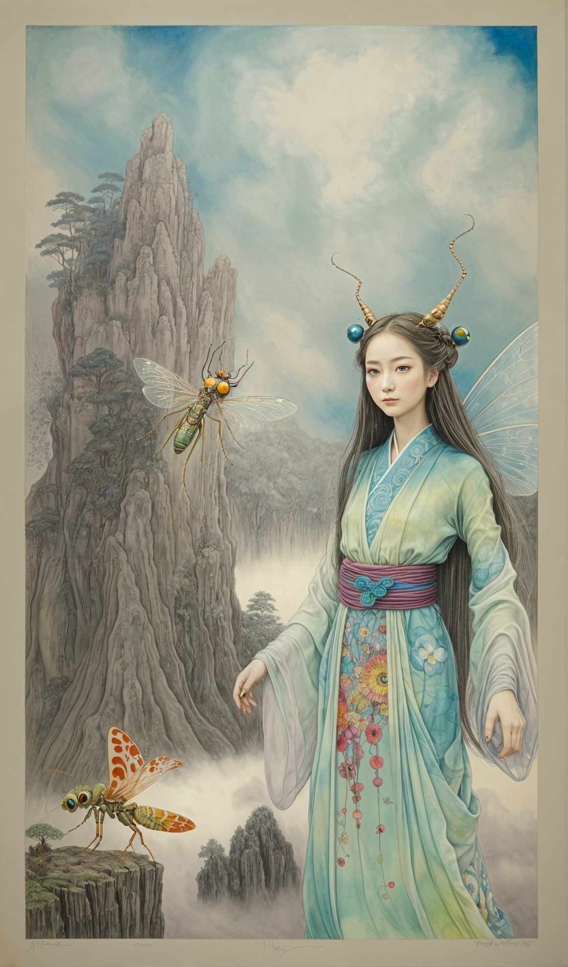 Mythical Scene with Young Woman and Colorful Insects
