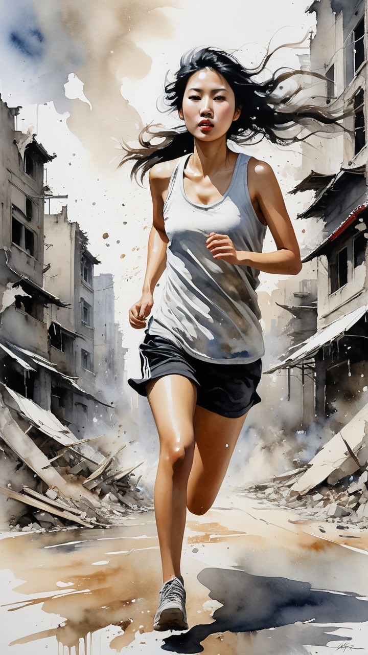 Young woman running in desolate urban landscape