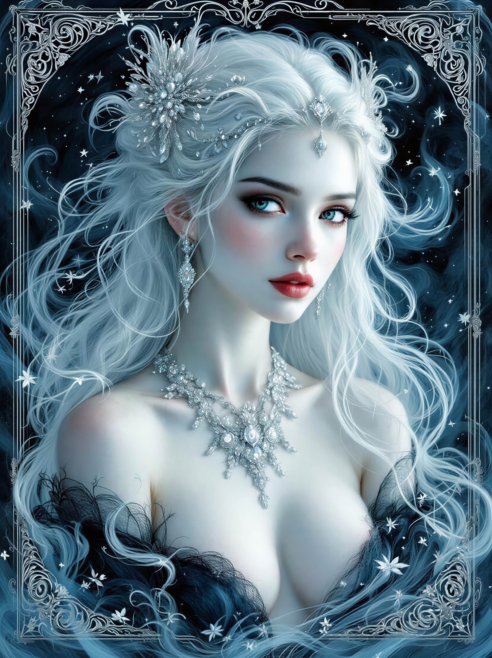 Pale Woman with Diamond Jewelry on Dark Blue Background