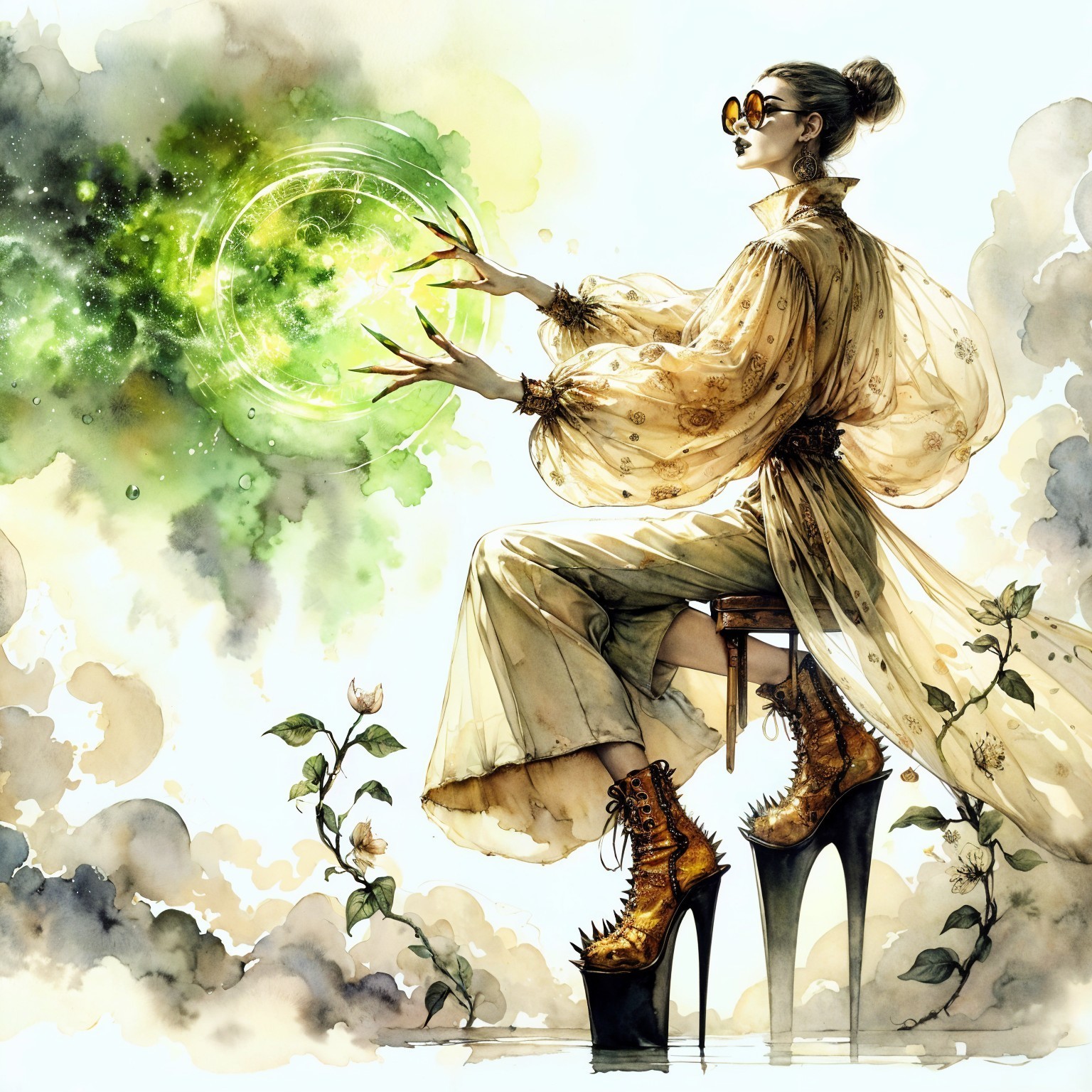 Stylish figure in gown with ethereal orbs and roses