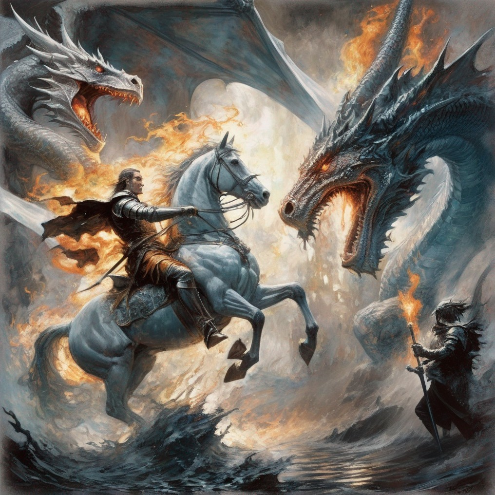 Knight Faces Dragons in Epic Fantasy Battle Scene