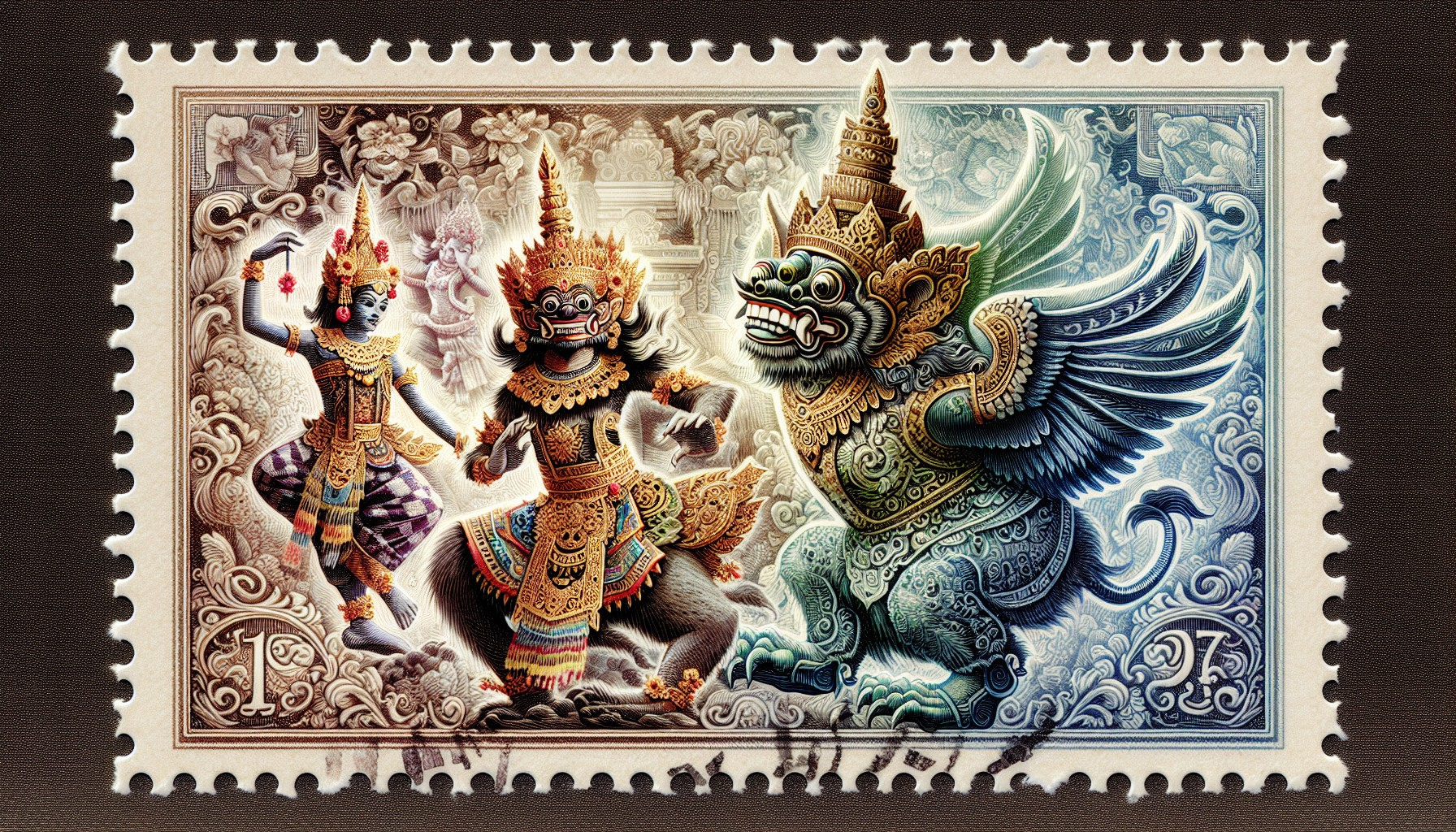 Vibrant Stamp Featuring Mythological Figures and Patterns