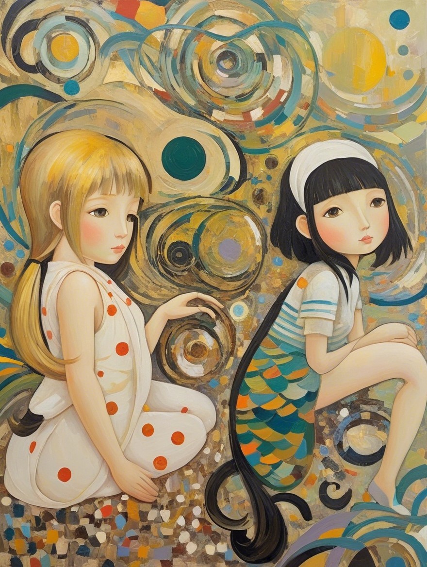 Two Girls in Polka Dots and Stripes with Abstract Background