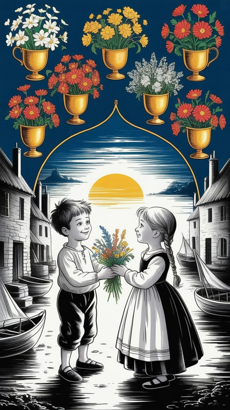 Coastal Scene with Children and Colorful Bouquet
