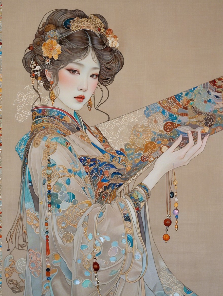 Traditional Attire with Intricate Patterns and Fan