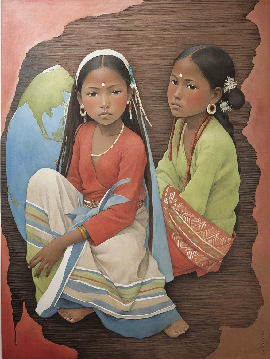 Young Girls in Traditional Clothing with Soulful Expressions