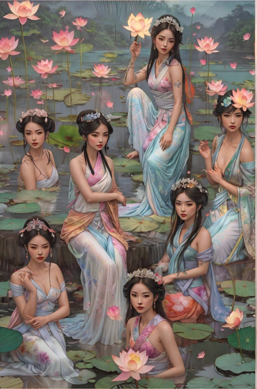 Women in Traditional Asian Garments Surrounded by Pink Lotus Flowers