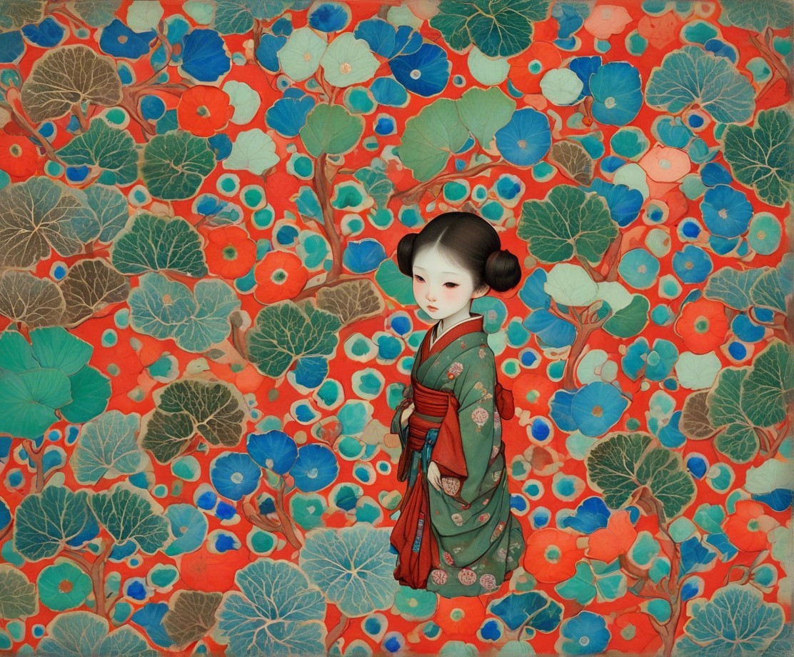 Young girl in kimono with vibrant floral backdrop