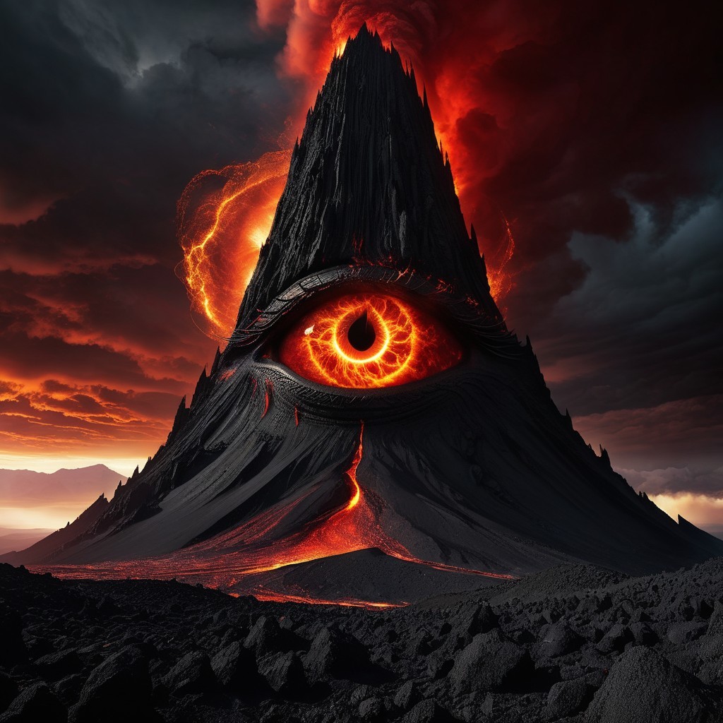 Volcanic Mountain with Fiery Eye and Lava Flow