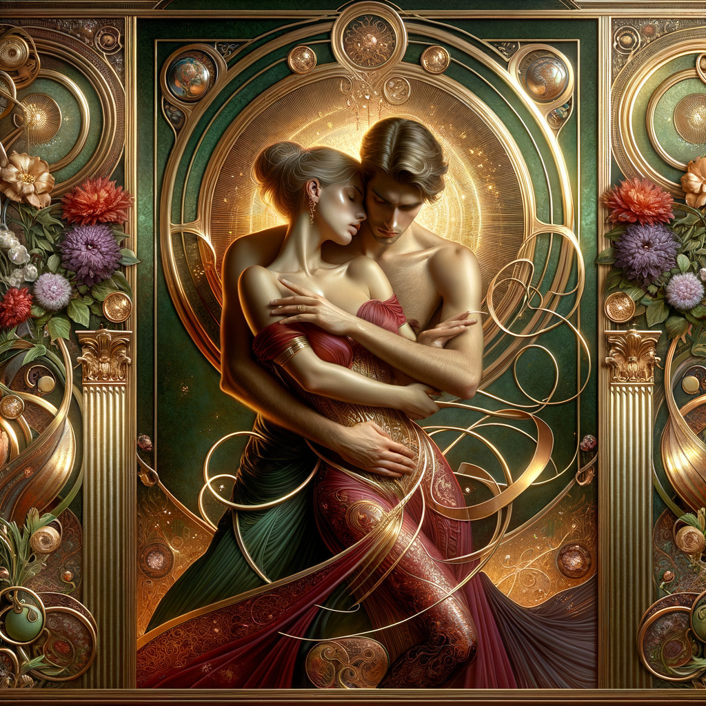 Golden-hued artwork of a couple in an embrace