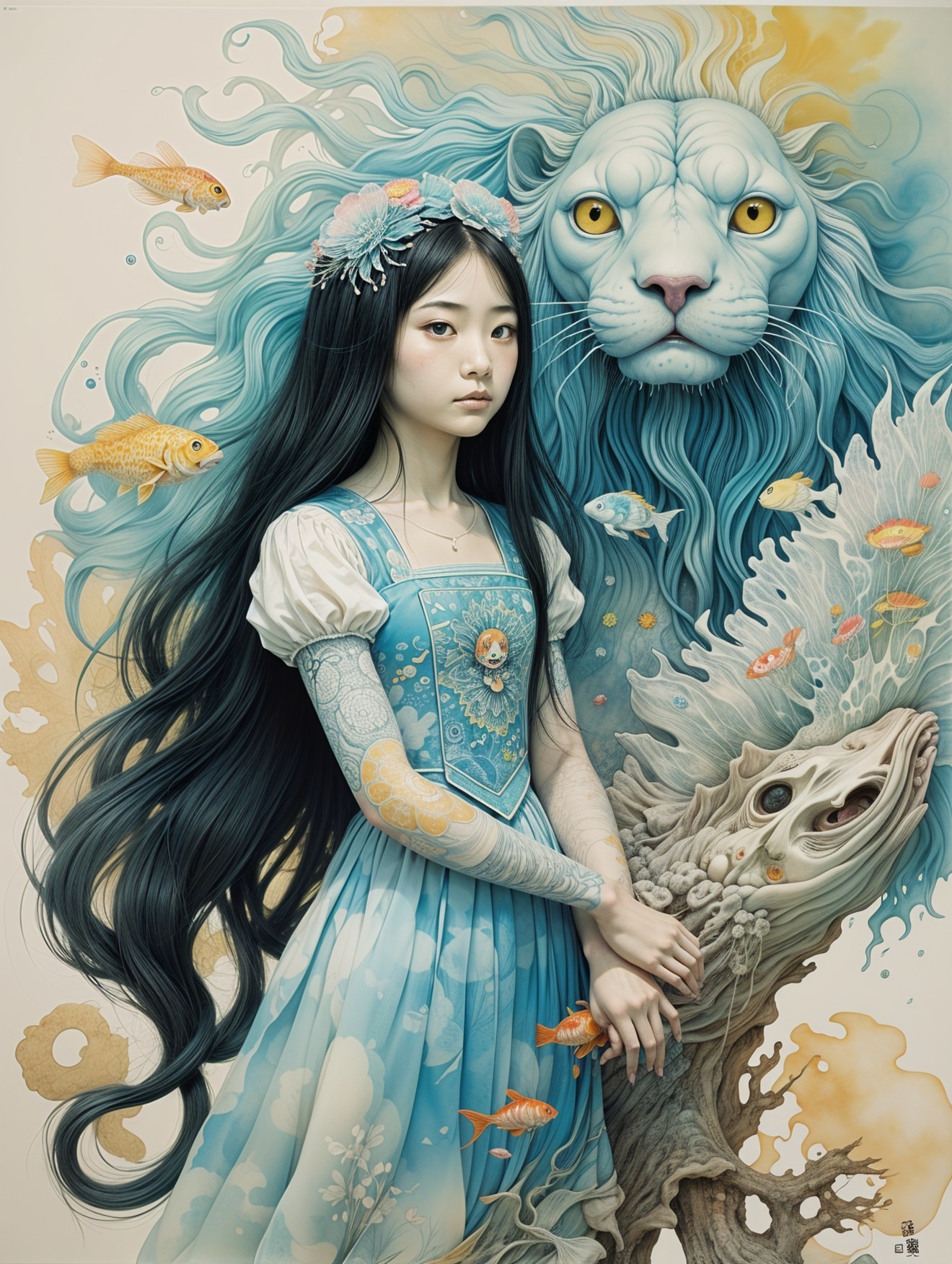 Serene Girl in Blue Dress with Majestic Lion and Fish
