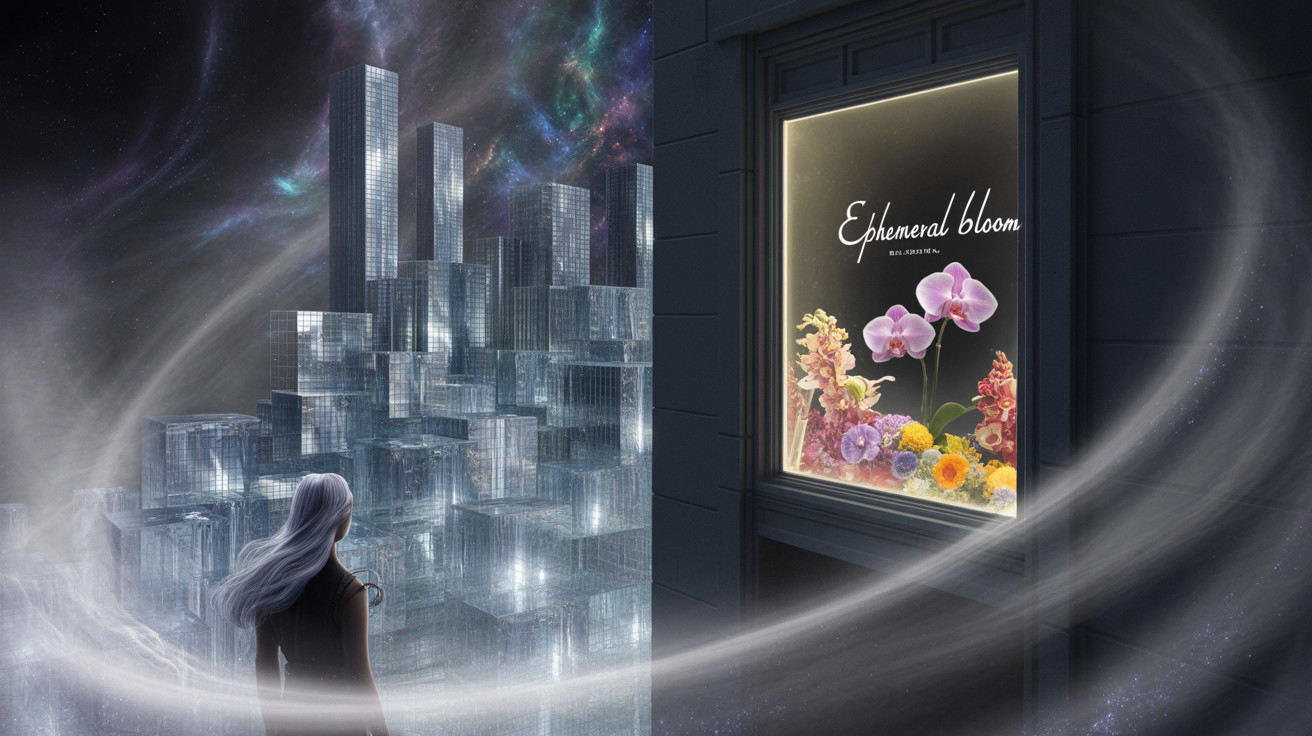 Futuristic cityscape with flowers and cosmic sky
