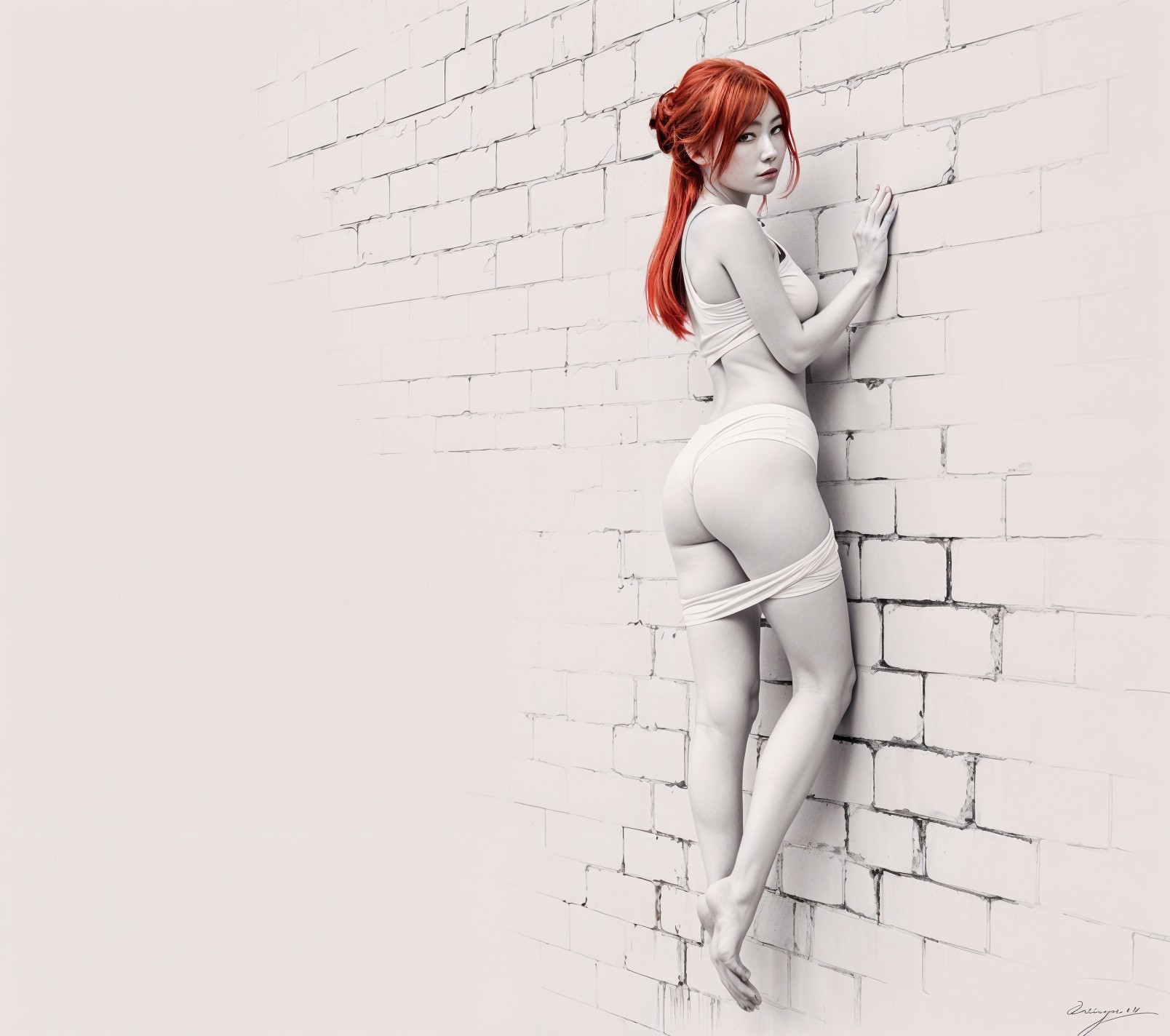 Monochrome Image of Figure with Red Hair Against Wall