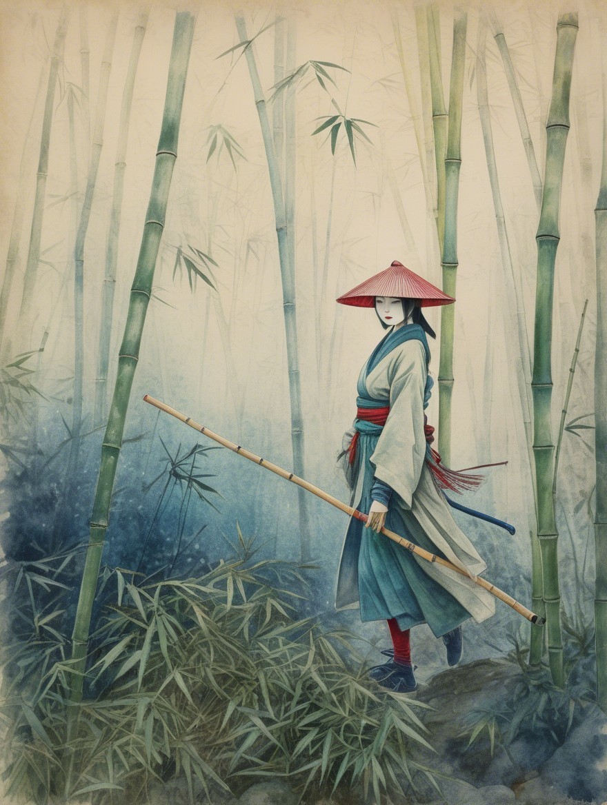 Serene Figure in Misty Bamboo Forest Setting