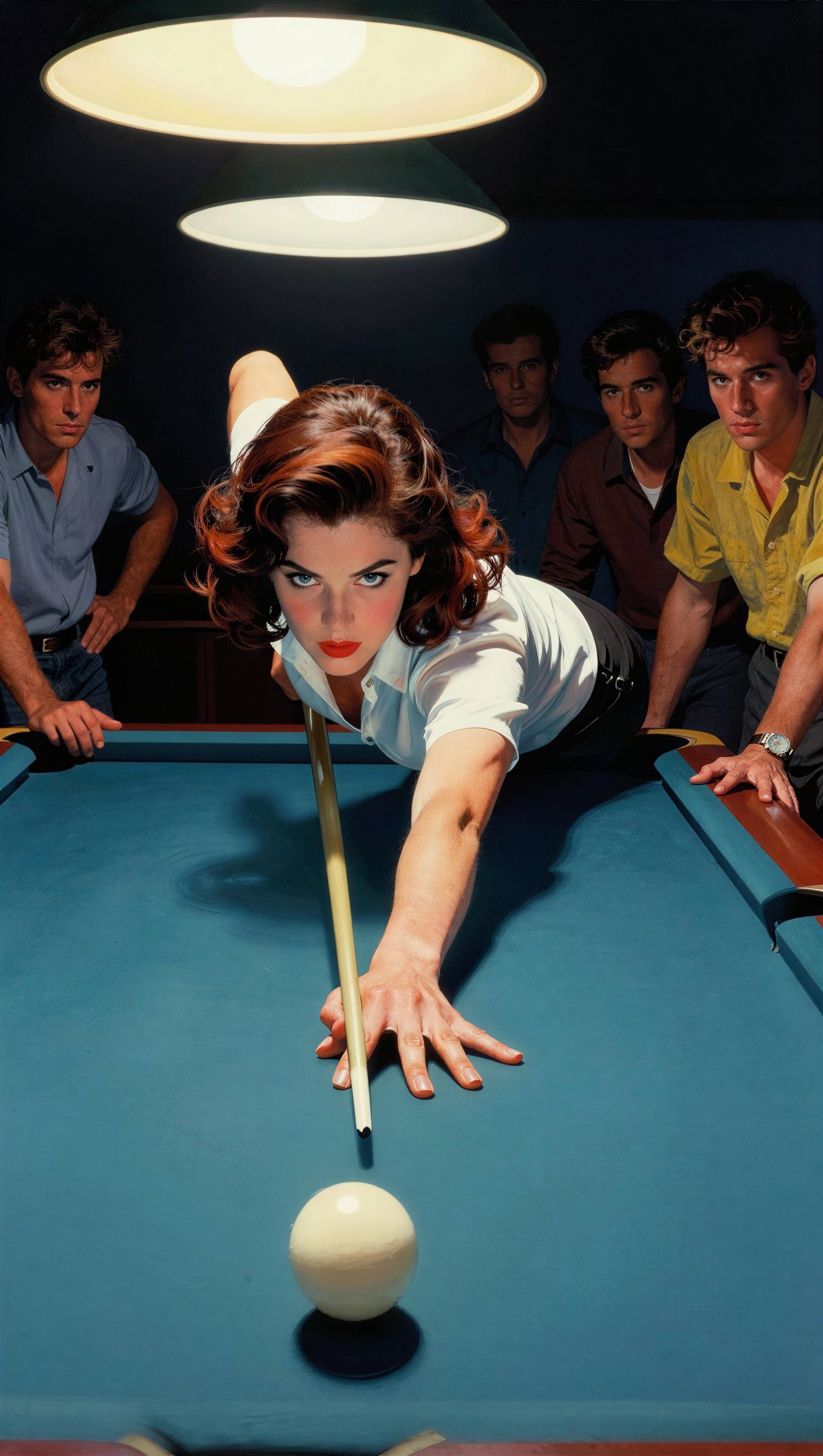 Woman with auburn hair playing pool with onlookers